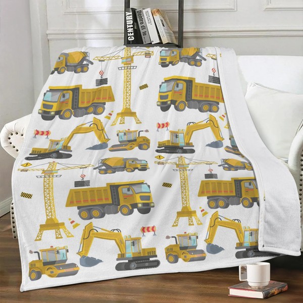 Construction Truck Throw Blanket Boys Toddler Kids Excavator Design Fuzzy