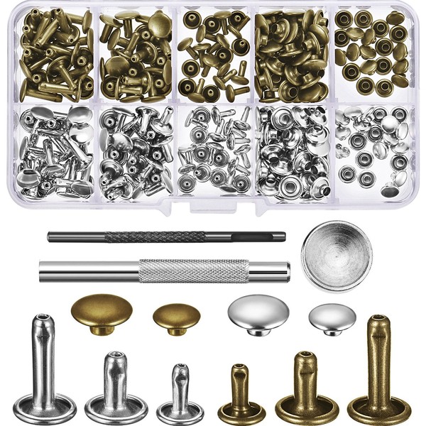 120 Set Leather Rivets Double Cap Rivet Buttons with Setting Tool Kit and Storage Box for DIY Leather Craft, 3 Sizes (Silver and Bronze)