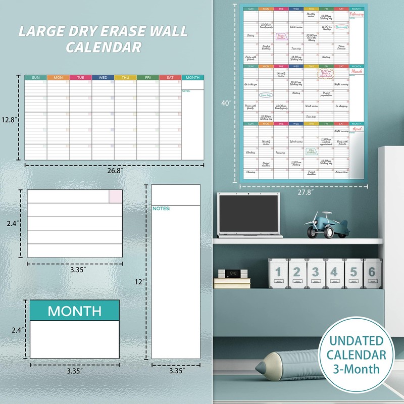 Dry Erase Calendar for Wall - Undated 3 Month Calendar,