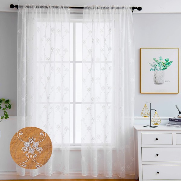 LIVETTY Original Net Curtains 84 Inch Drop Curtain 2 Panels Set Windows White Eyelet Curtain, Transparent Linen Style Voile Curtain 3D Floral Classic Embroidery for Bedroom, Living Room, Kitchen