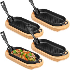 Yiyiring 4 Pcs Cast Iron Fajita Skillet Pan Set Sizzling Steak Plate with Wooden Base and Removable Handle Cast Iron Grill Frying Pan for Home Restaurant Kitchen Cooking (8.66 x 4.33 Inch)