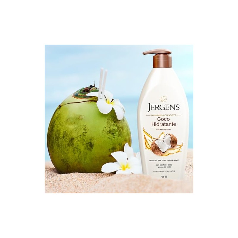 Jergens, Crema Corporal Coco Hidratante, 400 mL, Infundido con aceite