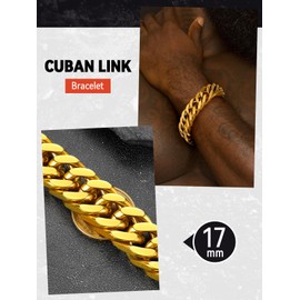 FaithHeart Mens Gold Bracelet, Stainless Steel Miami Cuban Chain Link Bracelets 17mm, 19cm Strong Link Bracelets Fold Over Clasp