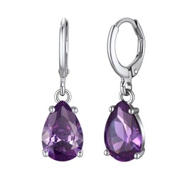 Suplight Sterling Silver Birthstone Earrings for Women, Amethyst Birthstone Hoop Dangle Earrings Purple Teardrop Crystal February Birthstone