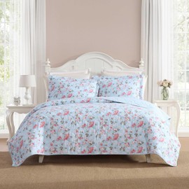 Laura Ashley - King Quilt Set, Super Soft Cotton Bedding with Matching Shams, Envelope Closure, Floral Printed Design (Blissful Blue, King)