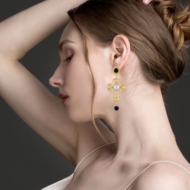 KVANU Unique Chic Big Gold Cross Red Heart Earrings Sparkly Crystal Baroque Hollow Cross Drop Dangle Earrings for Women Teens Bar Party Gifts (Black)