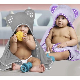 ELSVIN Set of 2 Hooded Baby Towels – Purple and Grey – Luxurious, Large and Super Absorbent – 30 x 30 Inch – Soft and Suitable for Infants, Toddlers and Kids – 400 GSM