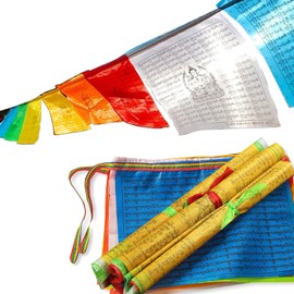 Prayer Flags Tibet with Avalokitesvara, Gandhanra Tibetan Prayer Flags Gold Print, Wind Horse Flag, Lungta Flags, for Buddhist Altars, Meditation Rooms, Outdoor Decoration, 5 m Long, 20 Flags