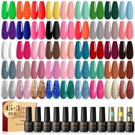 ROSALIND 48PCS Gel Nail Polish Set, Pastel Pink Green Gel Nail Polish Colors with 3PCS Base Top Coat Sparkle Rainbow Light Colors Gel Polish Set for Her - Color: RATC48-002