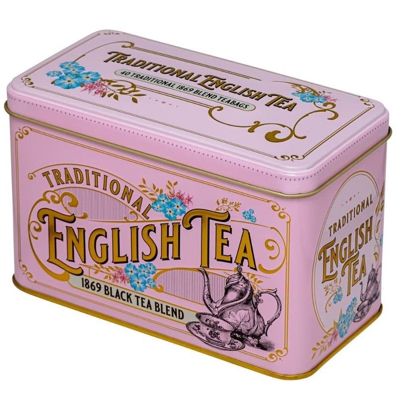 New English Teas Vintage Pink Tea Tin with Victorian Illustrations