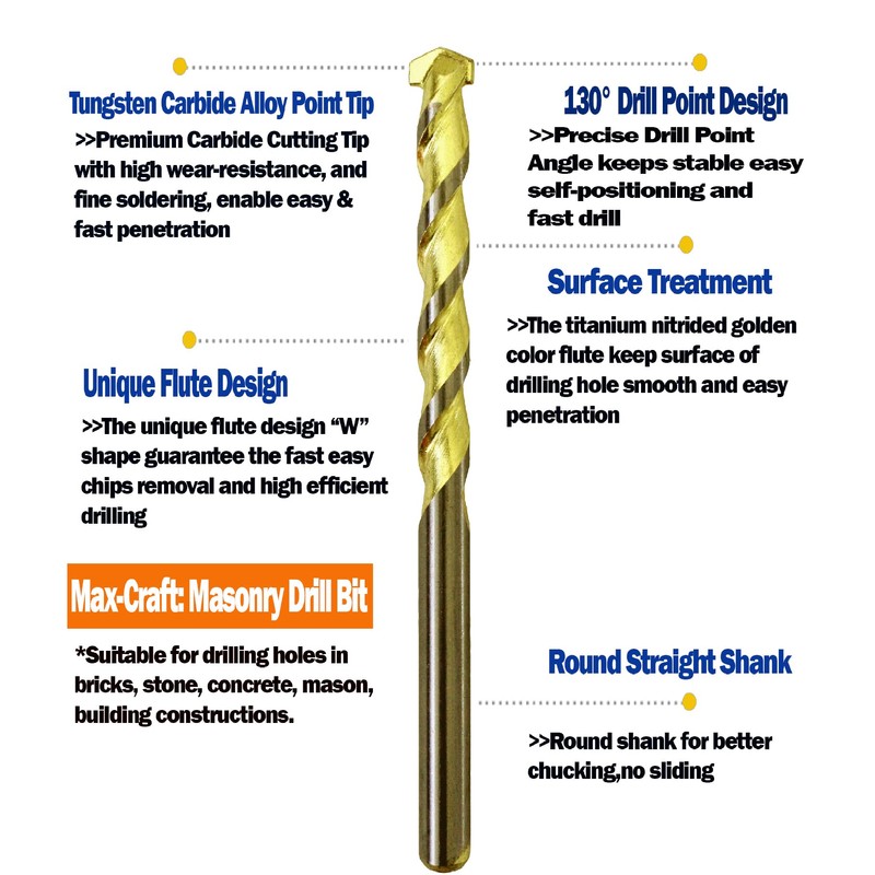 Masonry Drill Bit Set 3/16 in. Carbide Tip Golden Flute