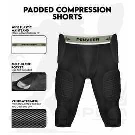 Penveer 7.0 Adult Football Girdle for Men with Cup Pocket - Padded Compression Shorts with Integrated Hip, Thigh, Knee & Tailbone Pads for Maximum Protection (Black, AM)
