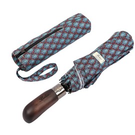 Balios Travel Folding Umbrella with Real Wood Handle Auto Open Close Vented Windproof Canopy - Designed in UK (Cypress Leaves Plum)