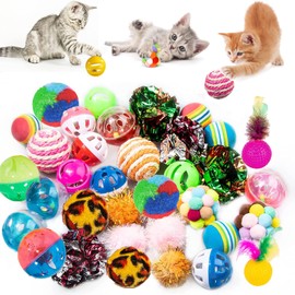Cat Toys, 34Pcs Kitten Chew and Chase Toys Set - Indoor Cat Toys Including Rainbow Foam, Crinkle, Furry Pompom, and Sisal Balls for Kitty Pet