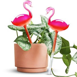 Self-Watering Glass Globes 2PCS Flamingo Gradient Hot Pink 10" Long Hand Blown Bulbs Pot Plant Waterer Home Indoor Outdoor Garden Patio Hanging Flower Spike Decorative Automatic Irrigation System