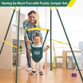 FUNLIO Baby Jumper with Stand for 6-24 Months, Infant Jumper for Indoor/Outdoor Play, Toddler Jumper for Baby Girl/Boy, with Adjustable Chain, Easy to Assemble & Store (with Stand) - Green