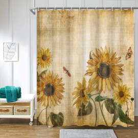Vintage Sunflower Shower Curtain Rustic Farmhouse Romantic Flowers and Butterfly Curtain for Bathroom Aesthetic Watercolor Sunflower Waterproof Durable 72x72 Inches Include Hooks