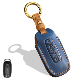 Aoocar Leather Key Fob Cover, Compatible with 2023 2024 2025 Nissan Rogue Pathfinder Versa Kicks ARIYA, fit for 2024 2025 Sentra etc, No Screw Design Key Holder Protector(5 Button, Blue)