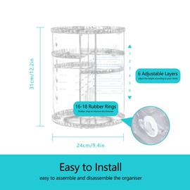 LucyStudio Clear Makeup Organizer 360° Rotating Adjustable Cosmetic Display Stand Large Capacity Makeup Storage Bathroom Shelves Countertop Cosmetic Storage Organizer