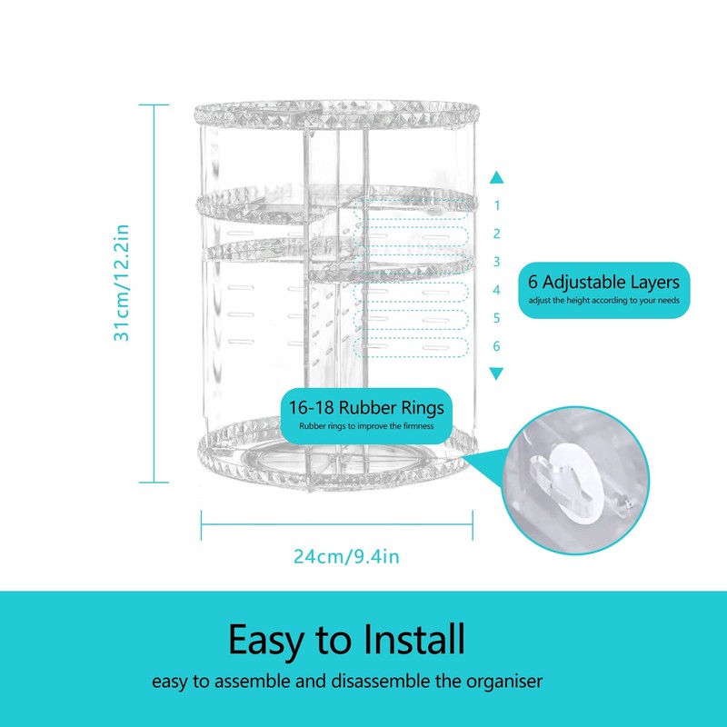 LucyStudio Clear Makeup Organizer 360° Rotating Adjustable Cosmetic Display Stand