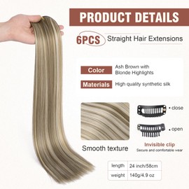 FLUFYMOOZ 6PC Clip-In Hair Extensions, 6-Piece Clip-in Hair Extensions Set, 24 inch, Straight, Long, Extensions for Women, Synthetic Hairpiece (Ash Brown with Blonde Highlights)