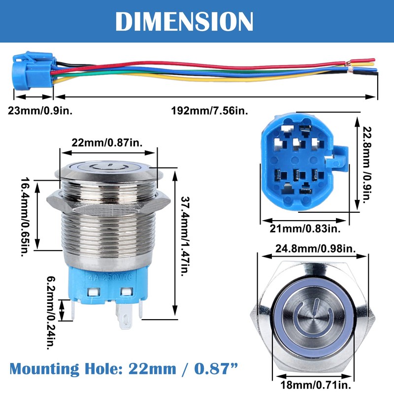 DMWD 2PCS 22mm Latching Push Button Switch 12V-24V On/Off 1NO