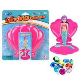 Mermaid Diving Toys for Swimming Pool,Blue Mermaid Diving Toys with Hot Pink Shell & 10 Sinking Dive Gem,Swimming Pool Sinking Toy Kids Pool Toy Accessories,Princess Diving Games Training Girls Gifts