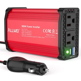 ALLWEI 300W Power Inverter DC 12V to 110V AC, Compact Car Plug Adapter Outlet with 65W PD USB-C &18W USB-A Fast Charging, Cigarette Lighter Adapter Car Charger for Phone, Laptop on Road Trip - Red