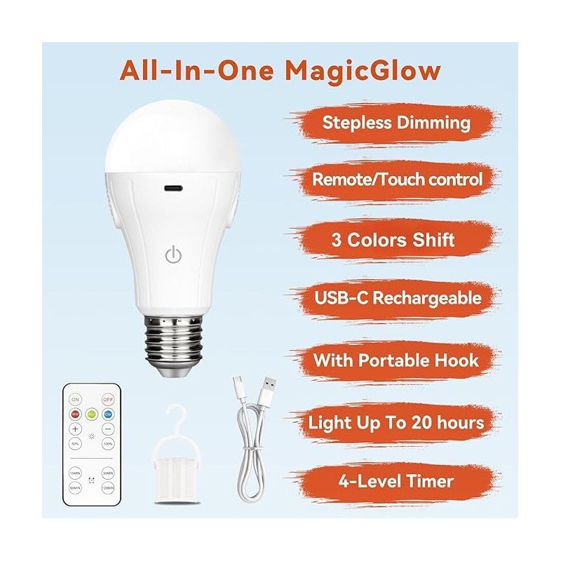 Neporal MagicGlow Rechargeable Light Bulbs with Remote, 3 Colors Shift