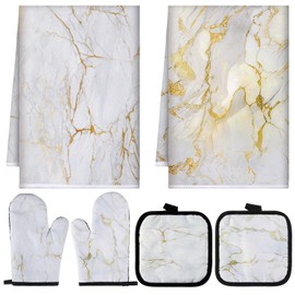 Sratte 6 Pcs Farmhouse Marble Kitchen Towels Pot Holders Oven Mitts Set 2 Dish Towels 2 Potholders 2 Cooking Mittens Oven Glove for Cooking Baking Grilling Supply (White, Gold)