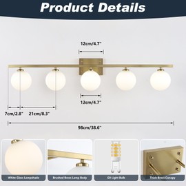 KCO Lighting 5 Bulb Bathroom Vanity Light Fixtures Gold Brass Vanity Light Milk Glass Globe Vanity Light Mid Century Modern Vanity Light for Bathroom Mirror, Powder Room, Vanity Table