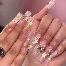 SINHOT Square Press on Nails Long - Cute Flower Fake Nails Glossy Glue on Nails Gold Butterfly Acrylic Nails Heart Rhinestones Squoval Artificial Nails Stick on False Nails with Design 24pcs