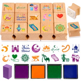 HOWAF Ramadan Eid Stamps Crafts Eid Party Favour,16 Wooden Stamps Ink Pads Set Eid Card DIY Painting Scrapbooking Islamic Craft Gifts Activities Ramadan Mubarak Party Bag Fillers Decoration Supplies
