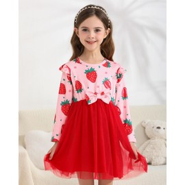 yccvoo Toddler Girls Tulle Dress, Ruffle Long Sleeve Strawberry Little Girl Princess Dresses for Fall Holiday Birthday Party Gifts 2-3T
