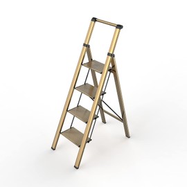 4 Step Ladder, Folding Step Stool with Anti-Slip Wide Sturdy Pedal and Handgrip, Portable Lightweight Aluminum Stepladder, 330 lbs Capacity, Multi-Use for Home, Library, Office, Garage - Brown Gold 1