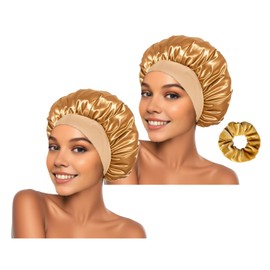 W2 pieces of silk nightcap, satin hair cap, soft elastic silk nightcap, reusable and washable, women's headband (gold)