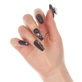 Long Coffin Shaped Luxury Press on Nails - Black Chopin | Ballerina Artificial False Nails, Matt Black Fake Nails with 3D Ornaments, Sparkling Diamond | Salon Quality Reusable Nails Kit (Size M)