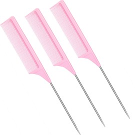 Set of 3 Rat Tail Combs - Heat Resistant Carbon Fiber Teasing Combs with Stainless Steel Pintail (Pink)