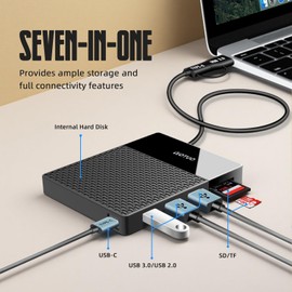 YOTUO Portable Docking Station External Hard Drive 750GB Storage, USB-C Huc + HDD 7-in-1, USB 3.0, SD/TF Card, HDD for Windows, Mac, Android, TV, Phone, Laptop, Desktop, PC (Black, 750GB)