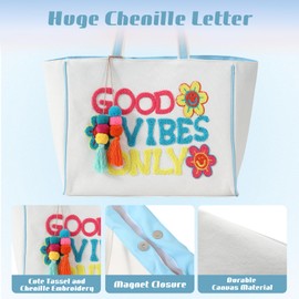 DYSHAYEN Tote Bag for Women,Chenille Embroidery Canvas Tote Bag with Tassel,Cute Shoulder Bag Handbag for Travel,Shop,Work,Grocery （Letter）