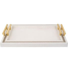 MACVAD Set of 2 Modern Elegant Large Wood Serving Tray, Rectangle Decorative Tray Ottoman Tay Coffee Table Tray, Pearl White Crocodile Leather with Gold Polished Metal Handles