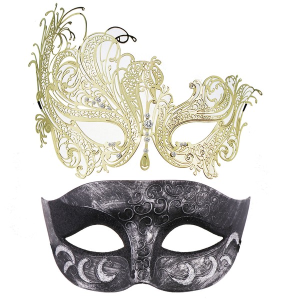 Thmyo 2 Pack Venetian Masquerade Mask for Couples, Mardi Gras Halloween Ball Mask (Antique Silver black & gold)