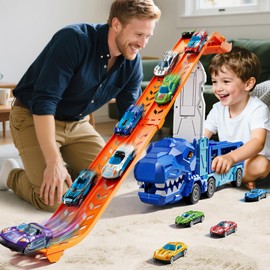 XINNOVEL Truck Toys Car Track Set for 3 4 5 6 Years Old Boys, Dinosaur Truck Transporter Car Race Track with 12 Die-Cast Racing Car Toys, Birthday Gifts for Toddlers Kids Girls Age 3 4 5 6 7 8