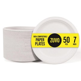 Zuvo Disposable Plates 50 Pack - 100% Compostable White Paper Plates 7 Inch - Biodegradable Plates for Party, BBQ, Picnic Made with Bagasse Paper