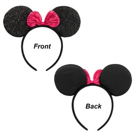 CHuangQi Mouse Ears Solid Black and Bow Minnie Headband for Boys & Girls Birthday Party or Celebrations (Pack of 6)