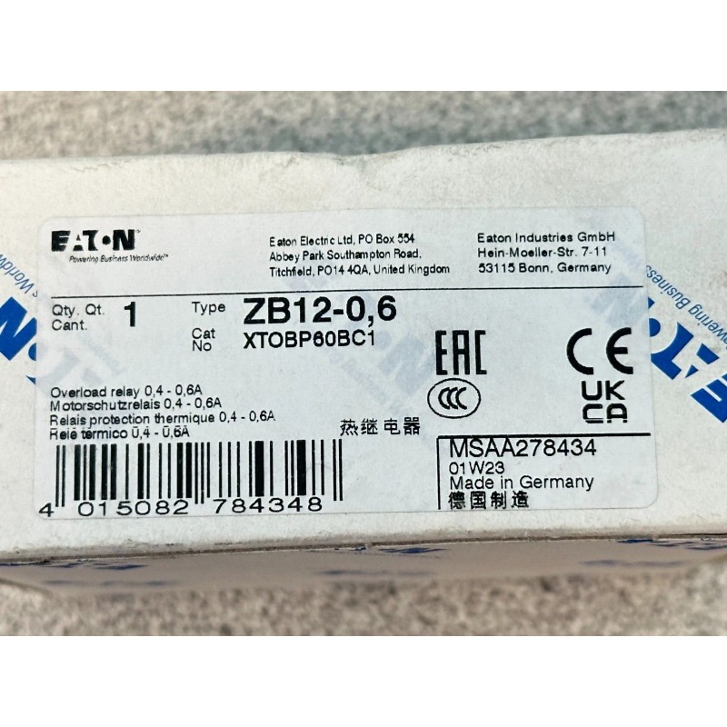 Eaton NEW Eaton XTOBP60BC1 thermal overload relay 0.40 to 0.60