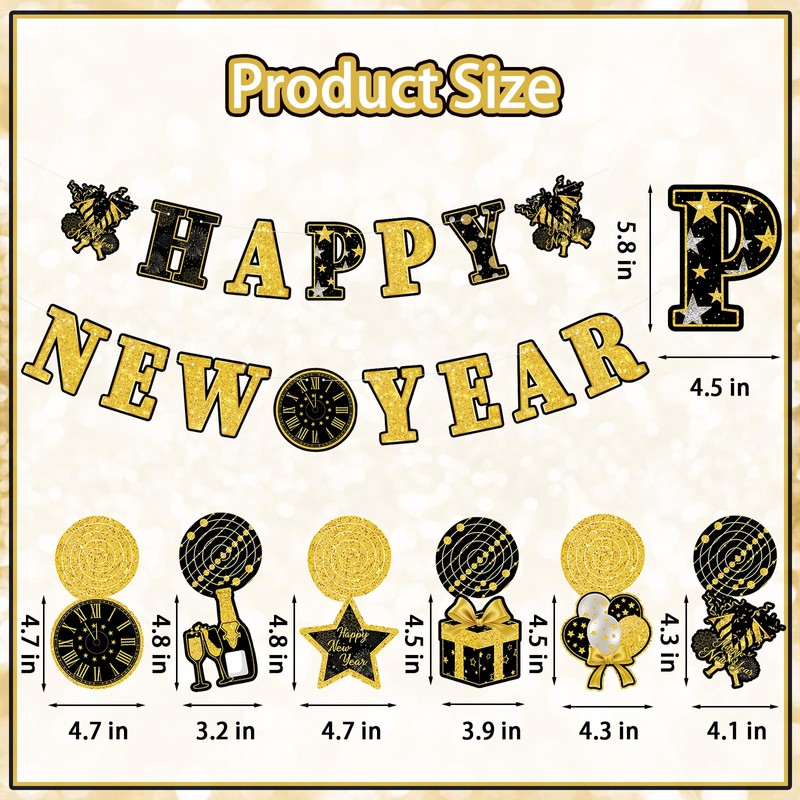 New Years Eve Party Supplies 2025, Black and Gold Happy