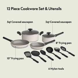 bella 12 Piece Cookware Set with EverGood™ Ceramic Nonstick Coating​, Dishwasher & Oven Safe, All Stovetops Compatible, Tempered Glass Lids and Cool Touch Handles, Oatmilk