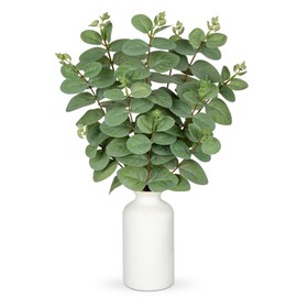 Villa Como Faux Eucalyptus Stems in Ceramic Vase, Artificial Eucalyptus Stems with Vase, 16" Fake Eucalyptuss Plants Leaves for Home Office Farmhouse Wedding Indoor & Outdoor Table Centerpiece Décor