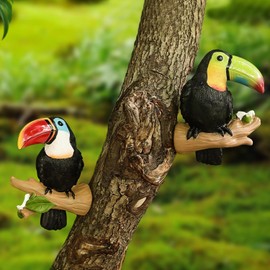 Garden Decoration Outdoor Figures, Pack of 2 Hanging Bird for Tree Trunk Decoration, Garden Figures Parrot Statue, Garden Decoration Spring Weatherproof, Decorative Bird Garden Ornament for Tree